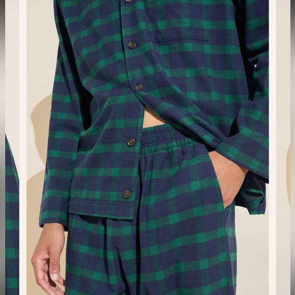 Eberjey Mens Flannel Long PJ Set Windowpane Plaid True Navy Sz.L - Picture 2 of 12